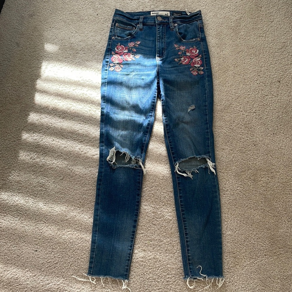 Garage, Embroidered, Distressed Jeans